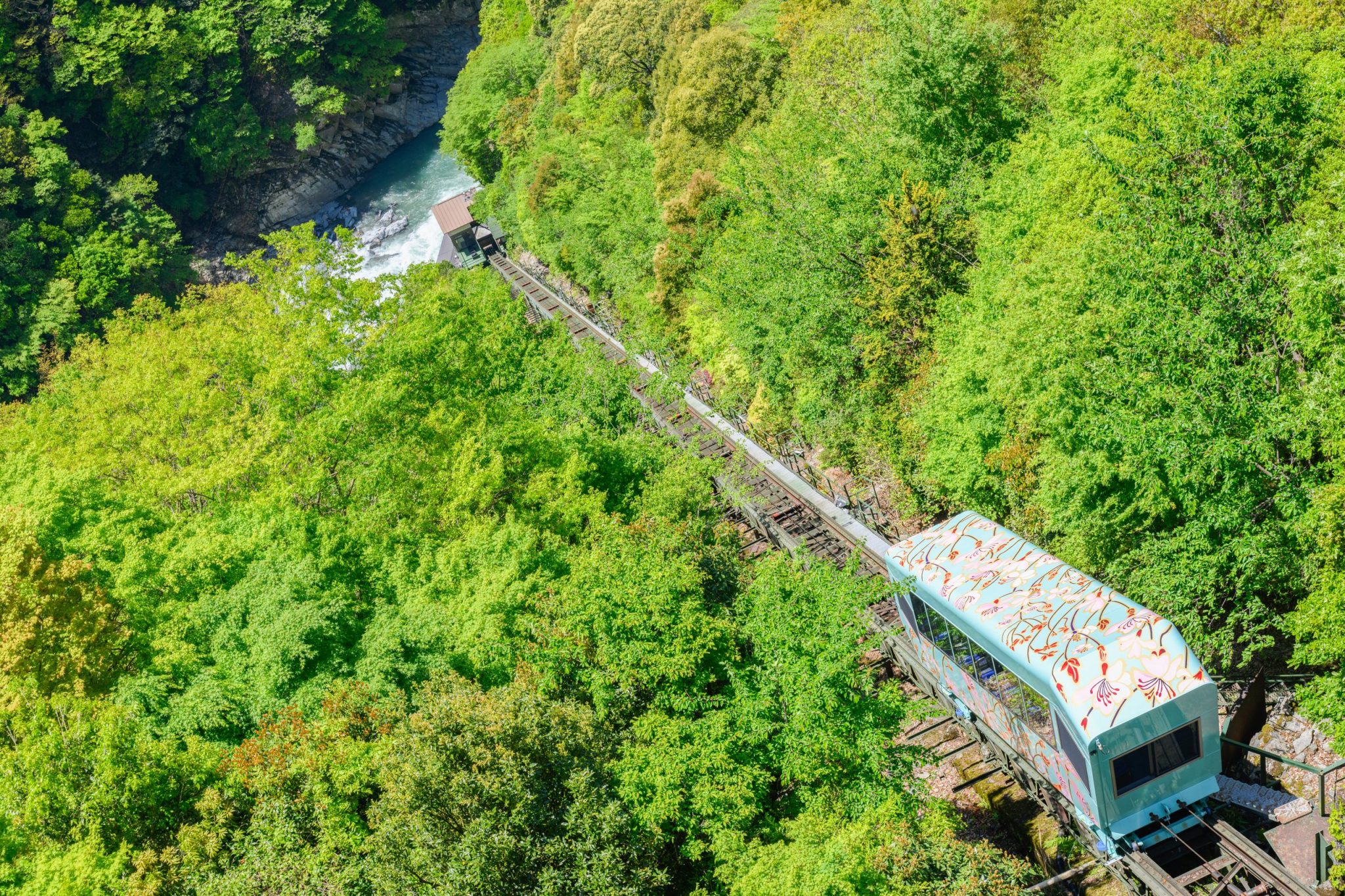 和の宿 ホテル祖谷温泉（渓谷の湯・せせらぎの湯・やまぎりの湯）：新緑✕ケーブルカー230426